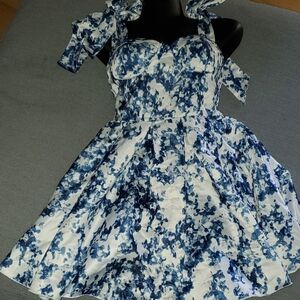 Floral Blue and White Dress with Bow Straps